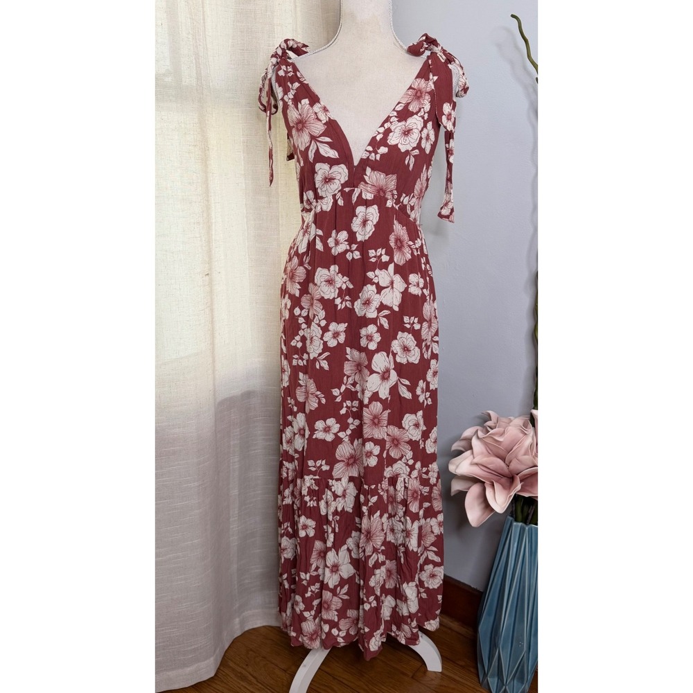 Abercrombie & Fitch Maxi Dress Floral Tie-Shoulder Plunge Neck Women's Small